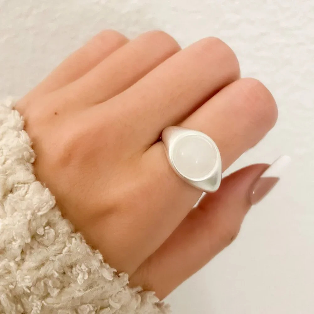 925 Sterling Silver Crystal Dome Ring Oval Ring Chunky Statement Brushed Ring